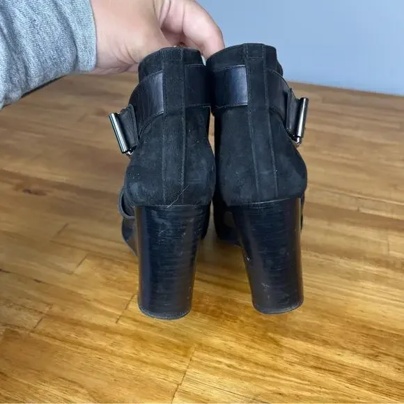 Aquatalia Tillie Black Suede Leather Buckle Wedge Boots Size 8.5